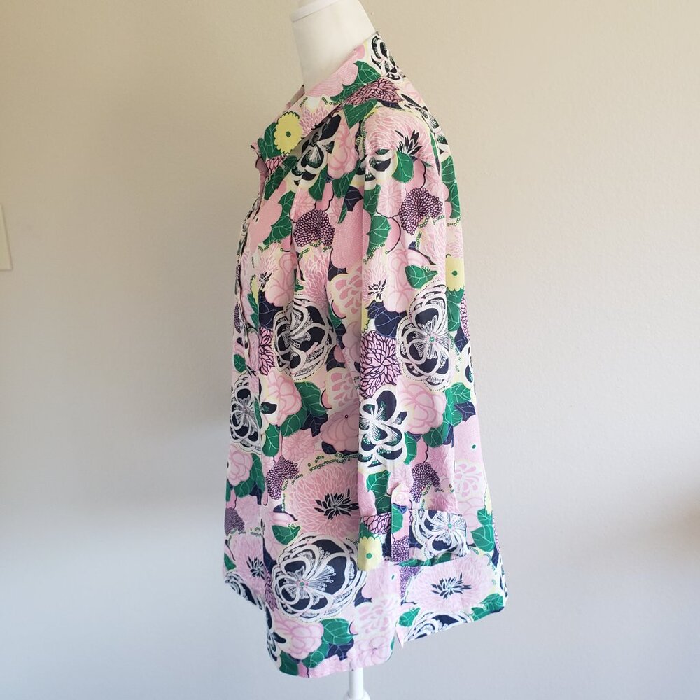 Talbots Blouse 1/2 Button Popover Lightweight Artsy Floral Roll Tab Sleeve Sz M - Picture 3 of 7